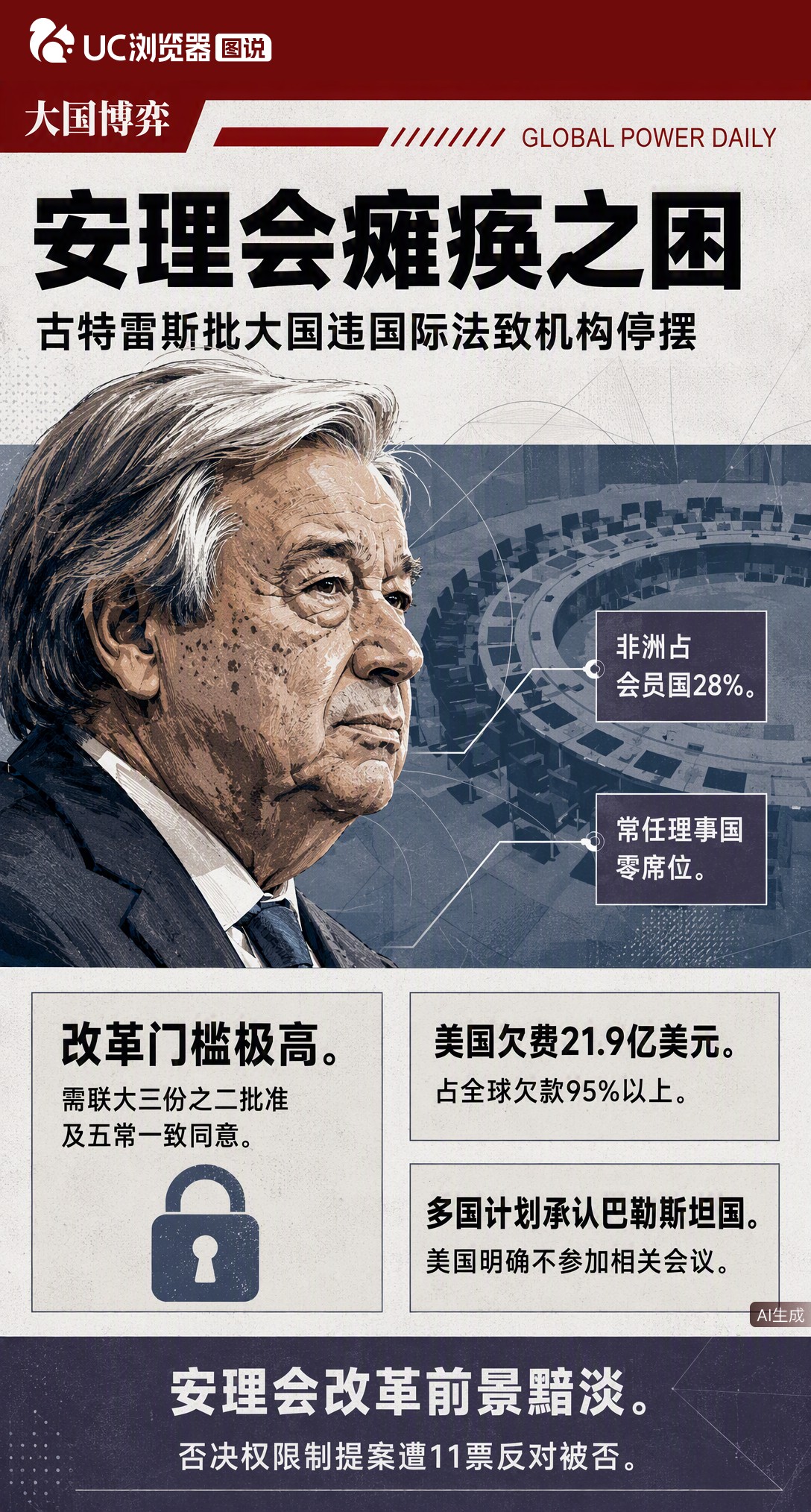 古特雷斯点名批评大国致安理会瘫痪，直言非洲占会员国28%却无常任席位站不住脚。但改革需五常一致同意，此前限制否决权提案已遭否决，前景依然黯淡。