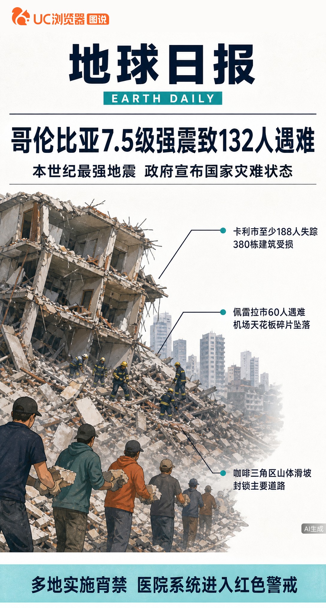 哥伦比亚7.5级强震致132人遇难，新总统就职地卡利宵禁搜救。专家称其与委内瑞拉双震构造完全不同，破坏力差异源于震源深度与板块机制。