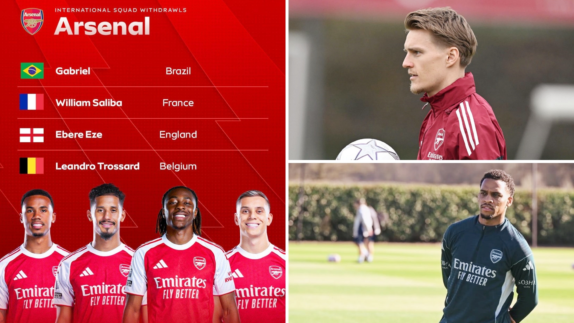 加布里埃尔、萨利巴、艾泽和特罗萨德因伤退出国家队。
厄德高和廷贝尔预计4月初复出