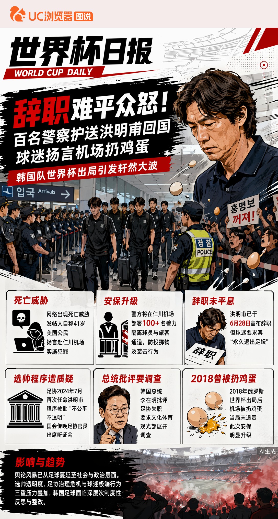 辞职难平众怒！韩国百名警察护送洪明甫回国，球迷扬言机场扔鸡蛋