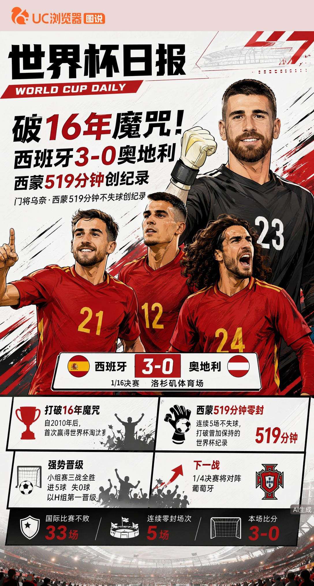 破16年魔咒！西班牙3-0奥地利，西蒙519分钟创纪录