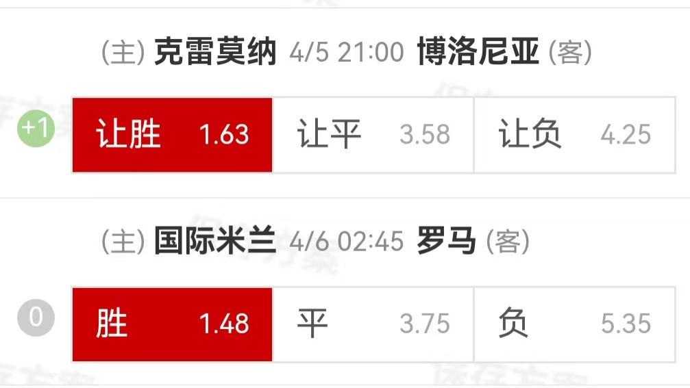 {一脚球}竞彩推荐：克雷莫纳VS博洛尼亚+国际米兰VS罗马