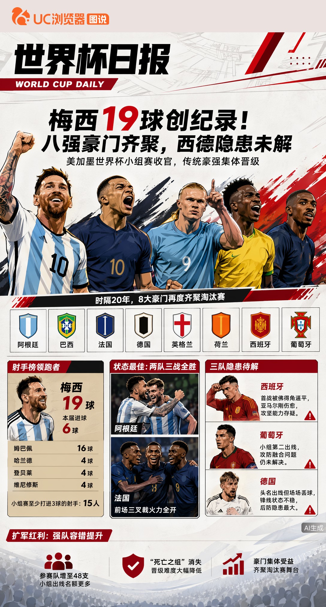 梅西19球创纪录！八强豪门齐聚，西班牙德国隐患未解
