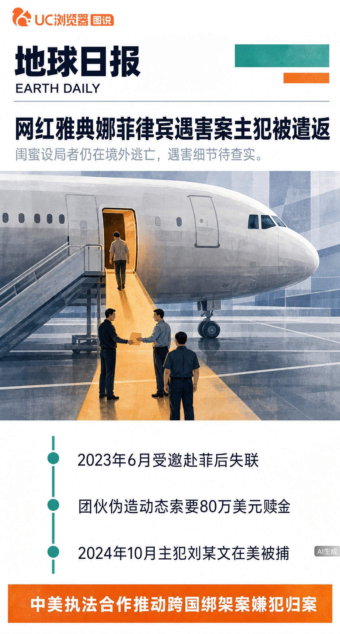 网红雅典娜liya在菲遇害案有新进展：主犯刘某文已被遣返，设局“闺蜜”仍在逃。但中菲官方尚未正式通报死讯，网传绑架细节仍待警方查实，真相还没落地。
