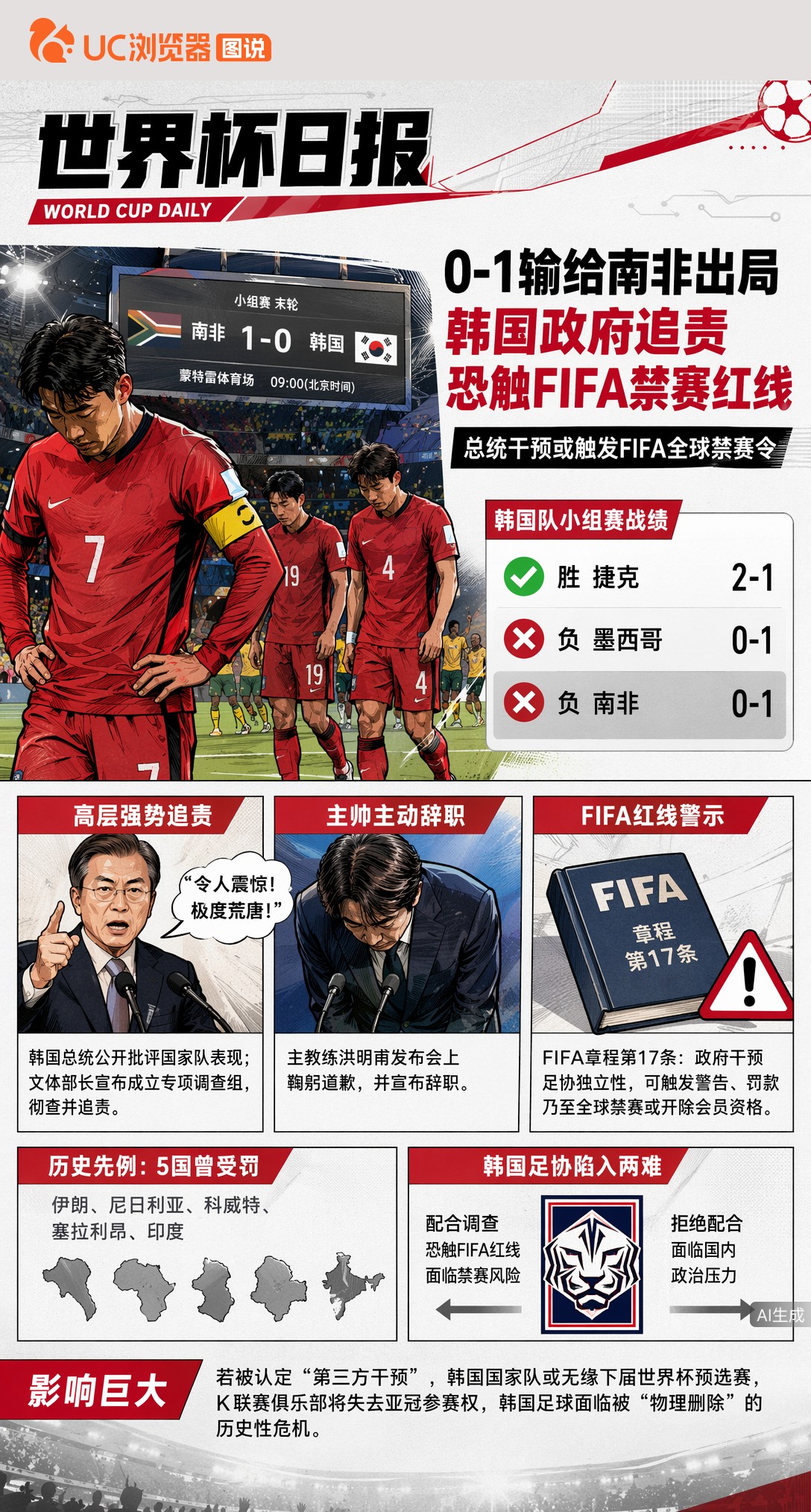 0-1输给南非出局，韩国政府追责恐触FIFA禁赛红线