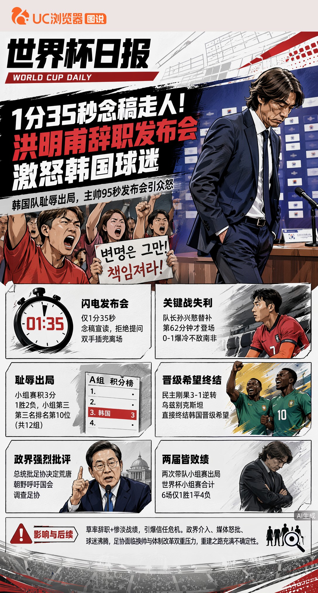 1分35秒念稿走人！洪明甫辞职发布会激怒韩国球迷