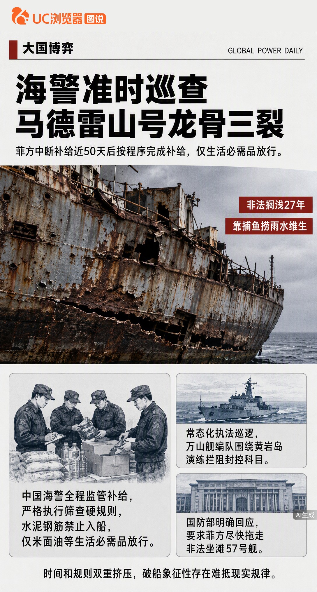 菲方中断补给近50天后终于完成物资输送，但水泥钢筋全被拦下。马德雷山号龙骨开裂、甲板塌陷，船上人员靠捕鱼捞雨水撑日子，这艘锈穿危船还能在礁盘上卡多久？