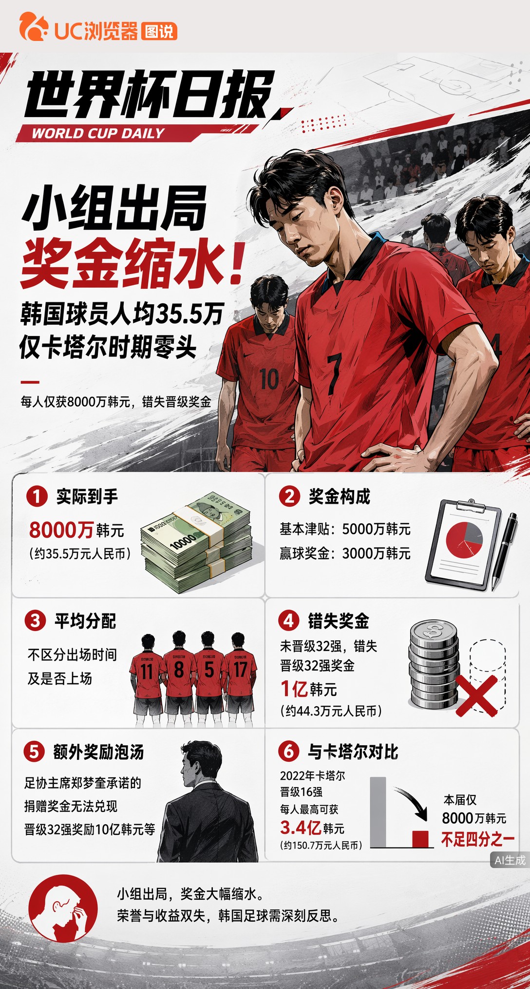 小组出局奖金缩水！韩国球员人均35.5万，仅卡塔尔时期零头