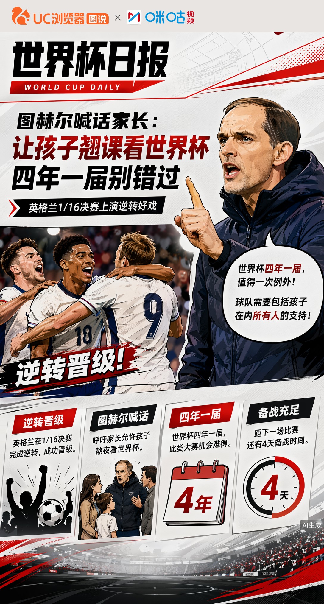 图赫尔喊话家长：让孩子翘课看世界杯，四年一届别错过