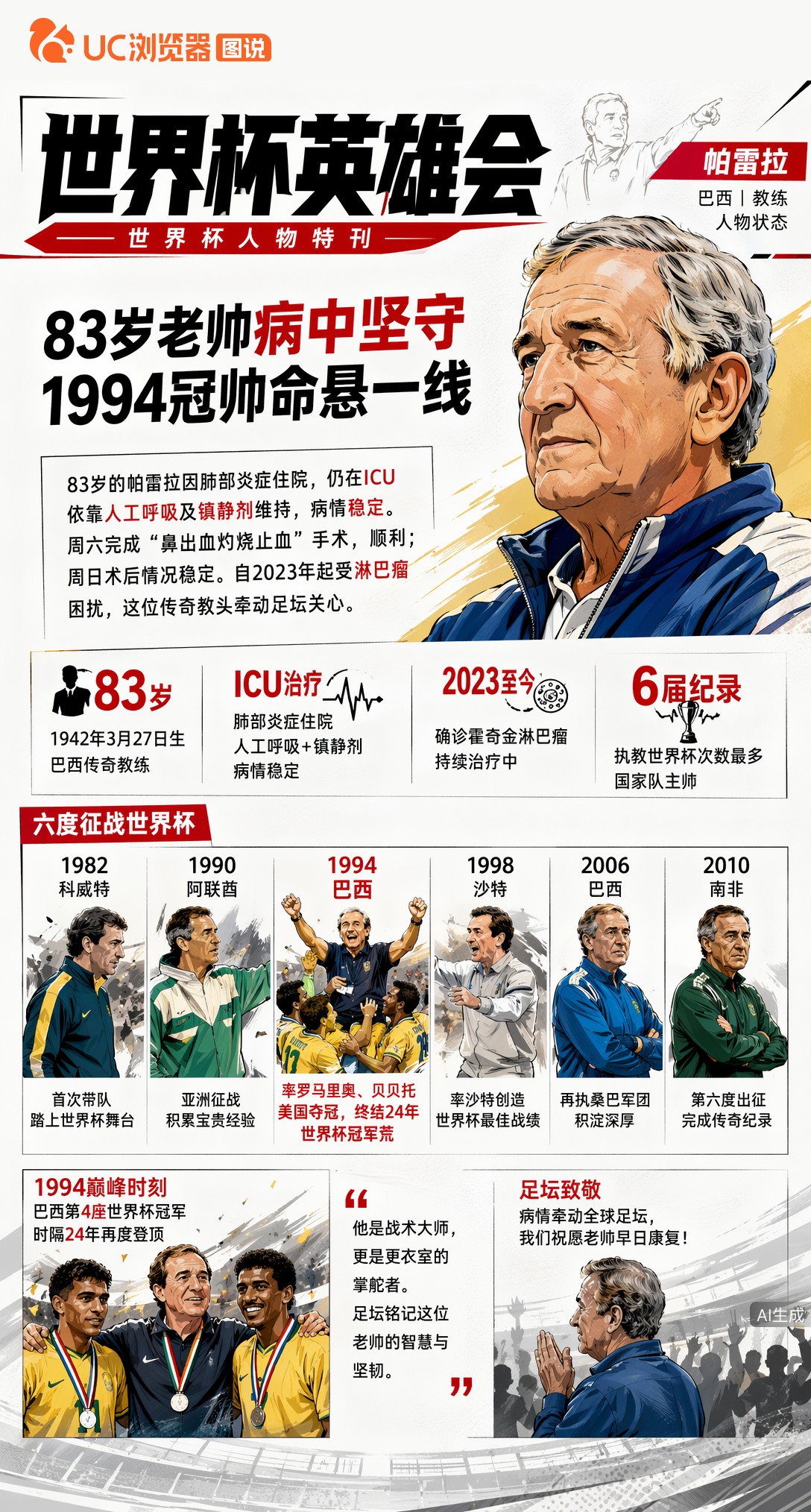 83岁帕雷拉仍在ICU依靠人工呼吸，1994冠军恩师命悬一线