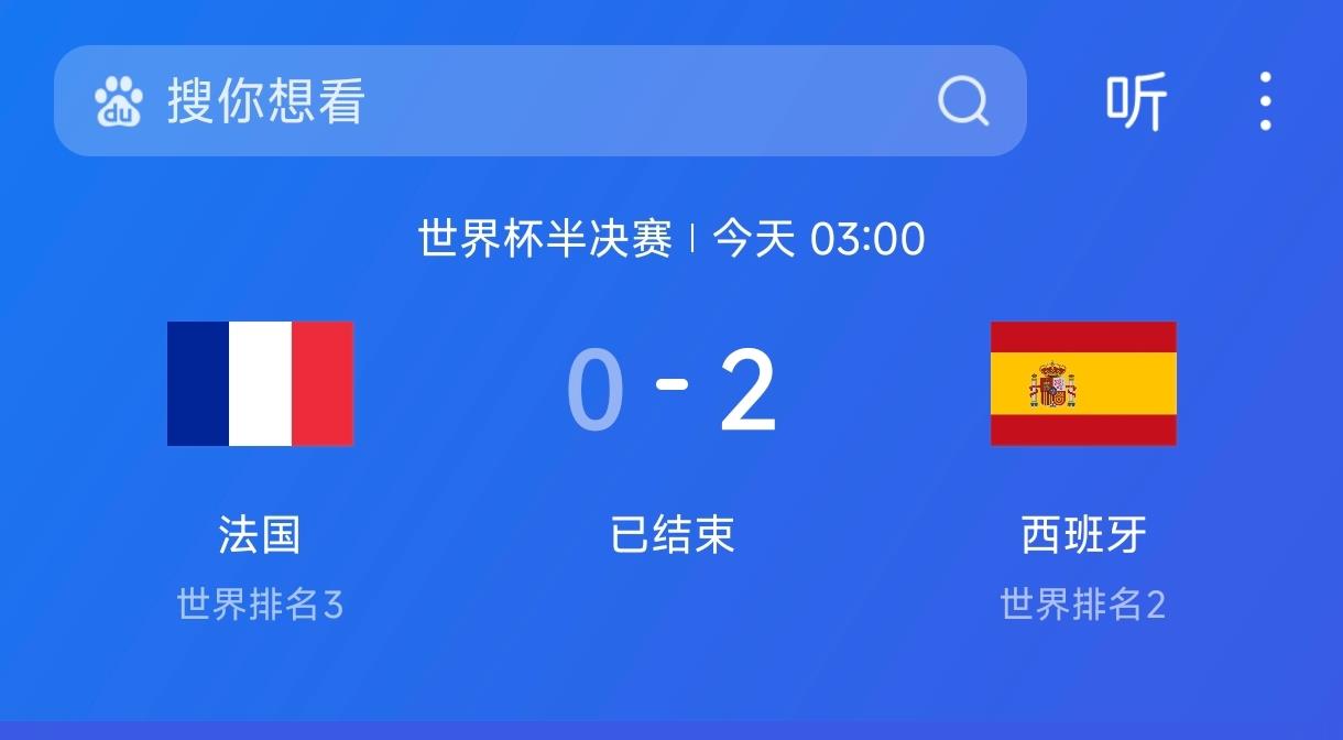 世界杯半决赛算爆了个小冷门，纸面实力强大无比的法国队被西班牙淘汰了。我不是说西班