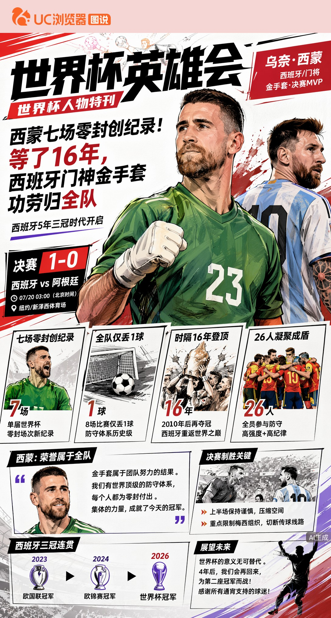 西蒙七场零封创纪录！等了16年，西班牙门神金手套功劳归全队