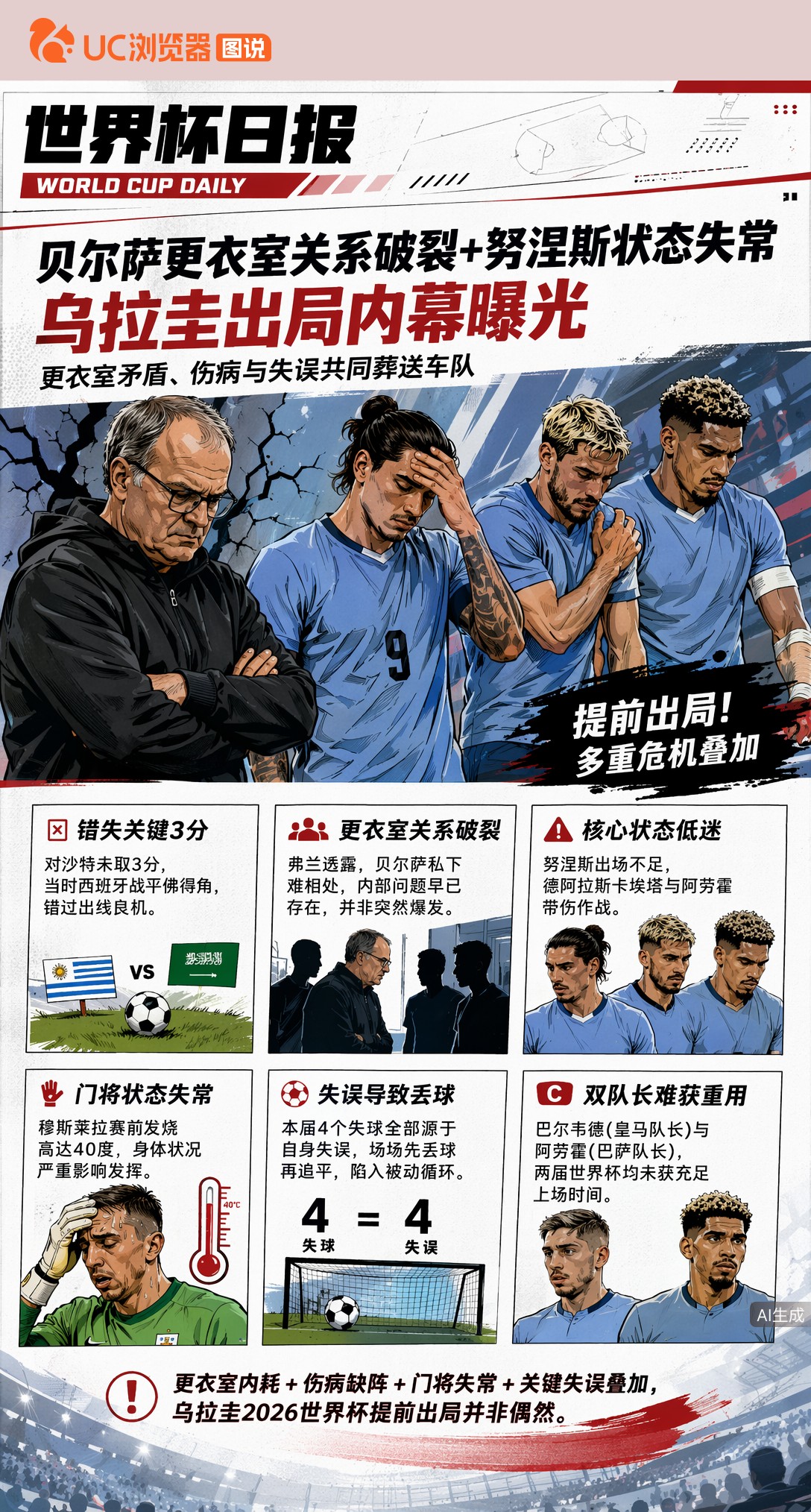 贝尔萨更衣室关系破裂+努涅斯状态失常，乌拉圭出局内幕曝光