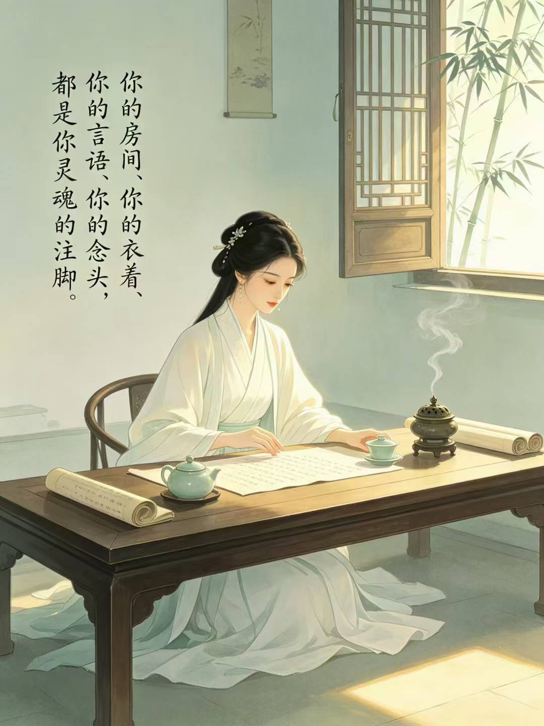 屋子里不必堆满珍玩，窗明几净，案头无尘，自然生出一种清贵之气。人亦如此，衣不必华