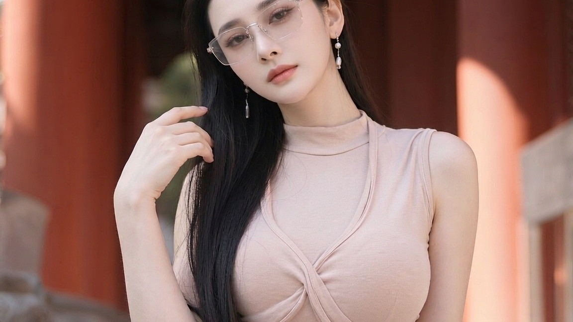 裸粉色紧身裙，古建筑打卡必备