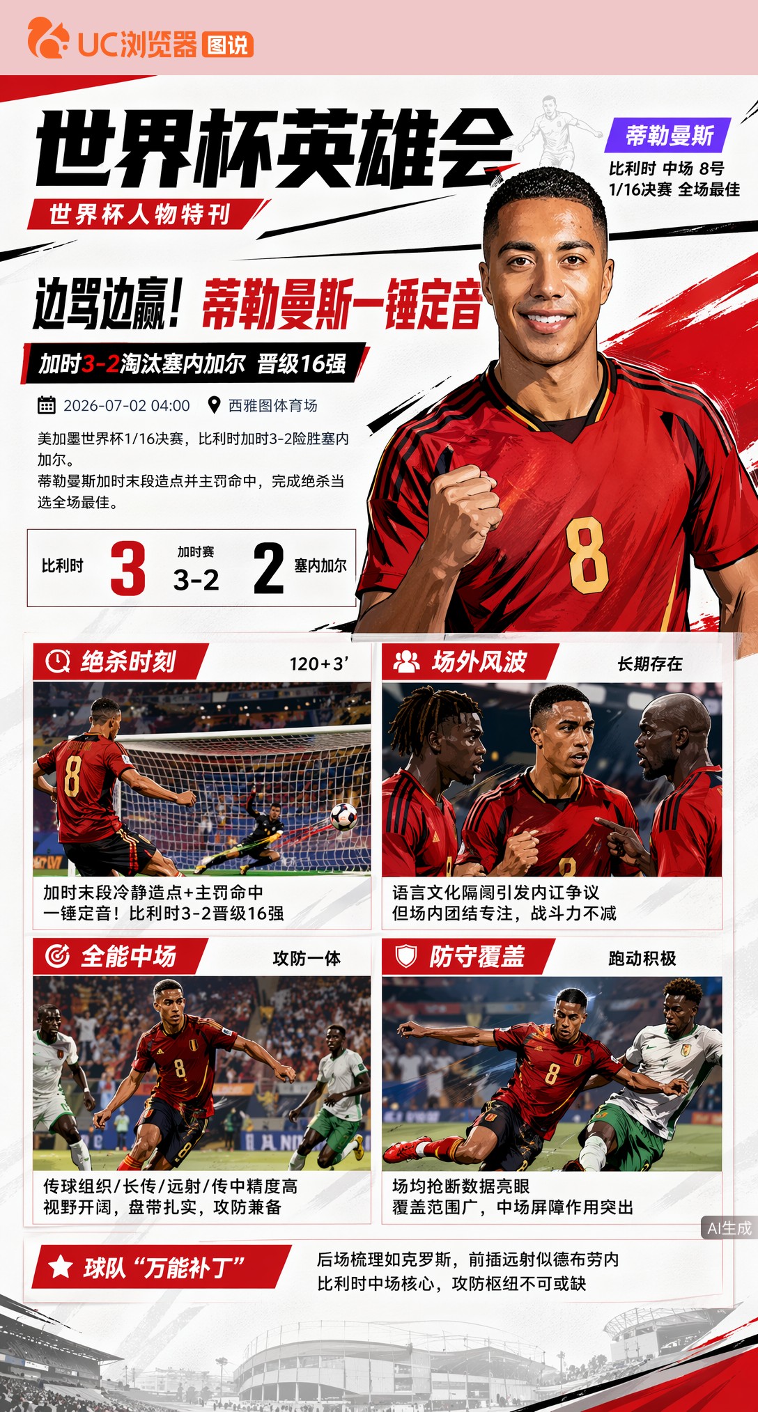 边骂边赢！蒂勒曼斯造点命中，比利时加时3-2晋级16强