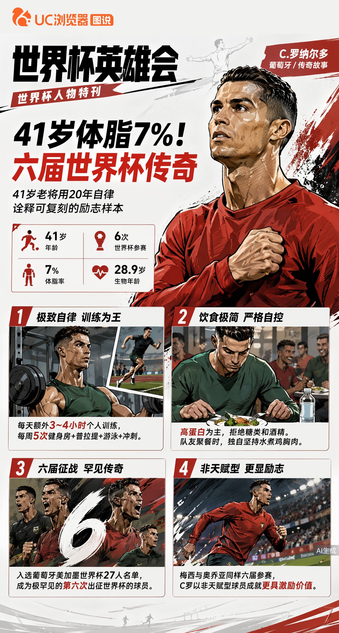 41岁体脂7%！C罗六届世界杯，自律创造的传奇励志样本
