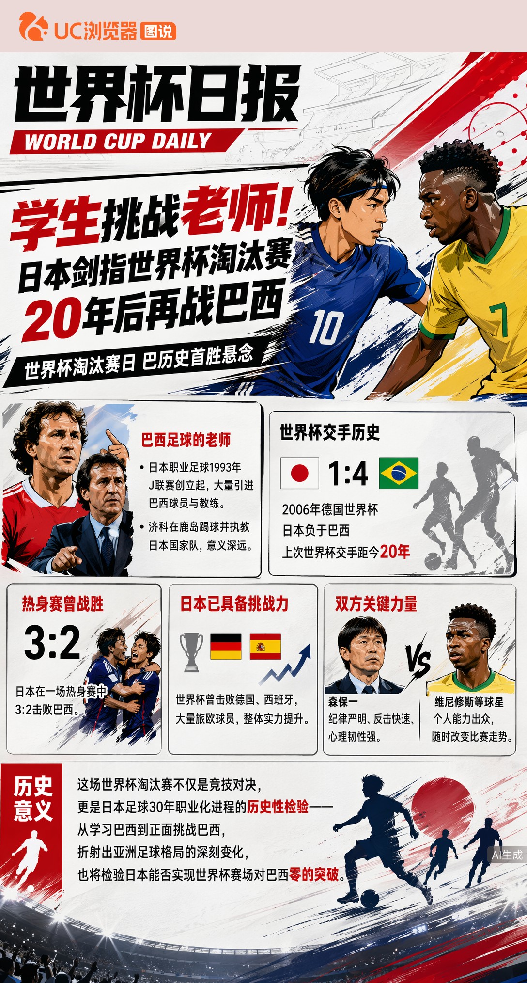 学生挑战老师！日本剑指世界杯淘汰赛，20年后再战巴西