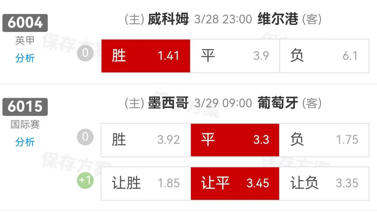 {一脚球}竞彩推荐：威科姆VS维尔港+墨西哥VS葡萄牙