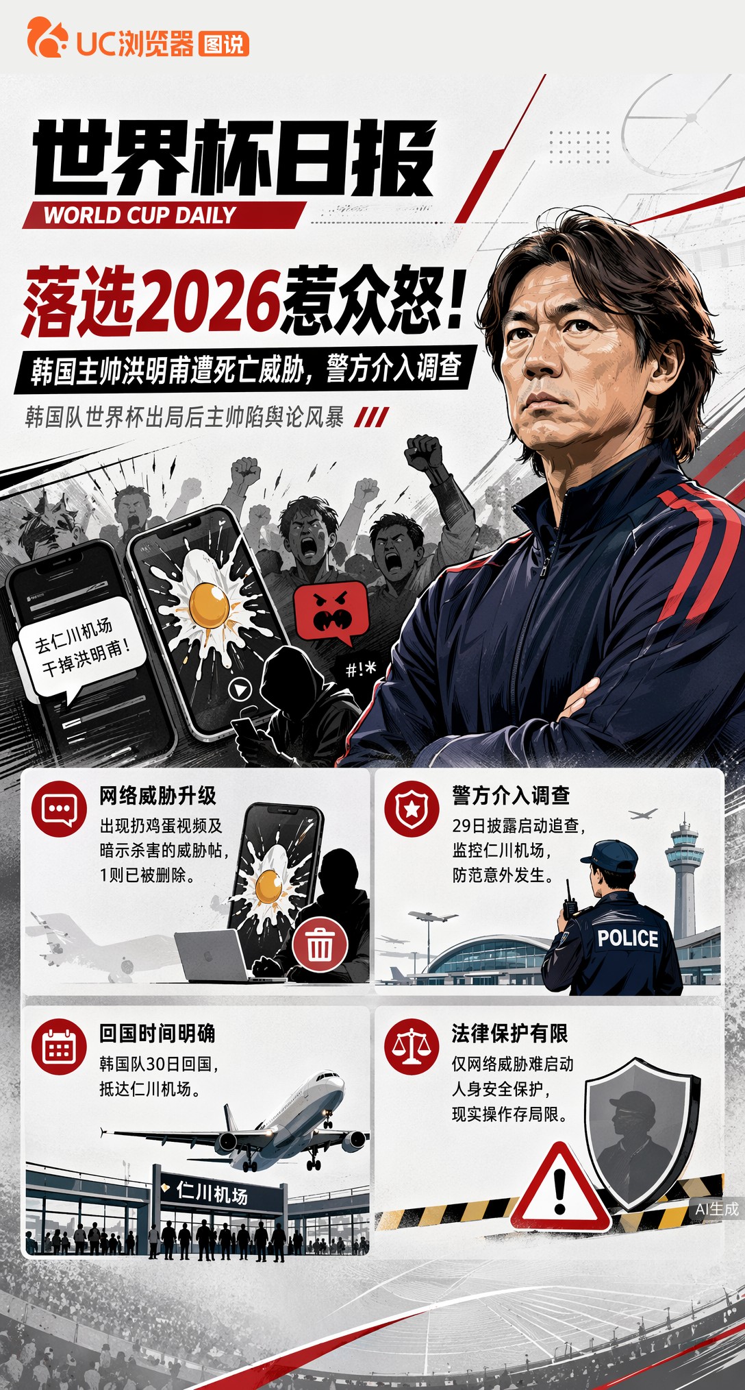 落选2026惹众怒！韩国主帅洪明甫遭死亡威胁，警方介入调查