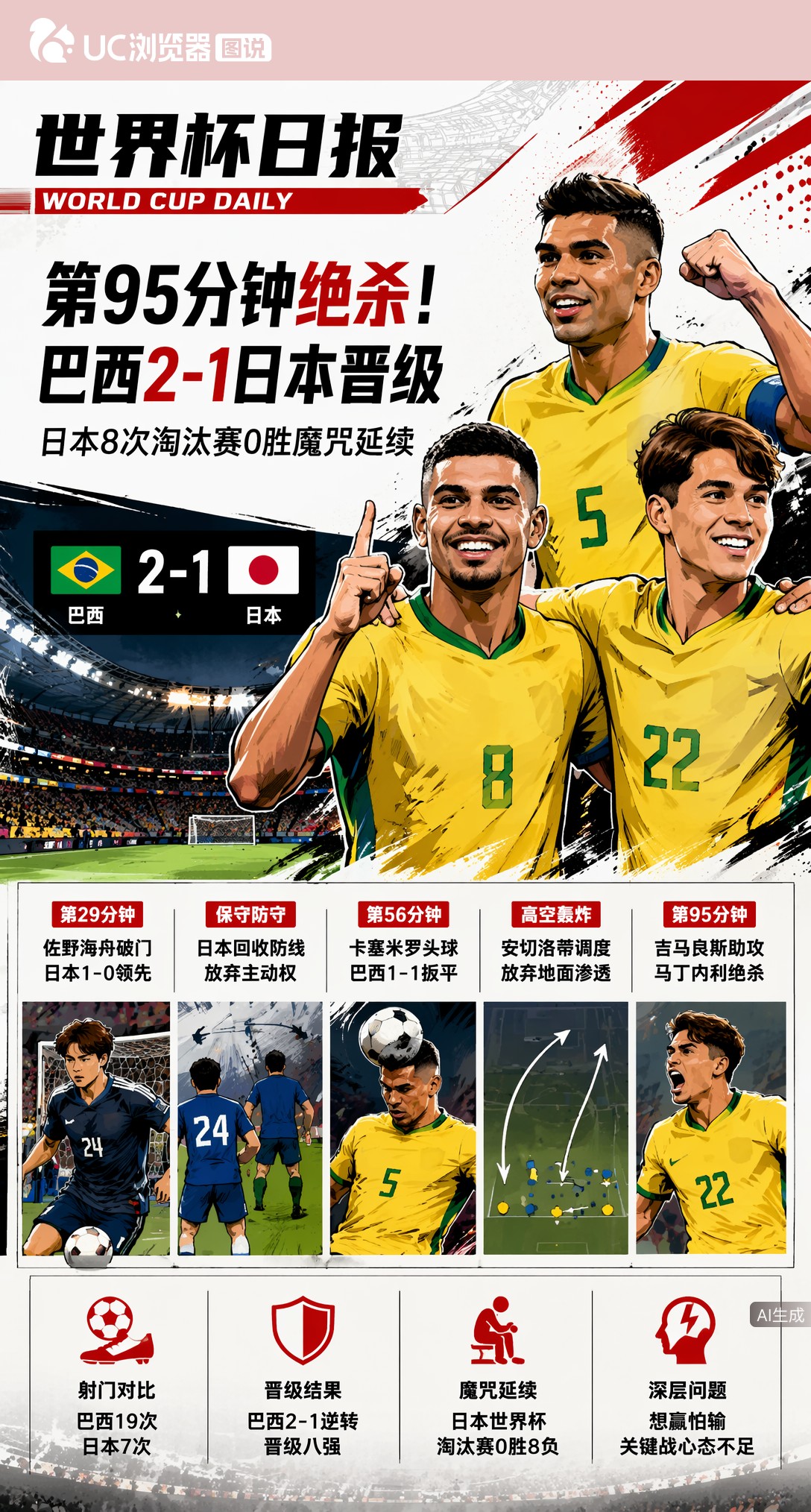 第95分钟绝杀！巴西2-1日本晋级，8次出征淘汰赛从未赢球魔咒延续