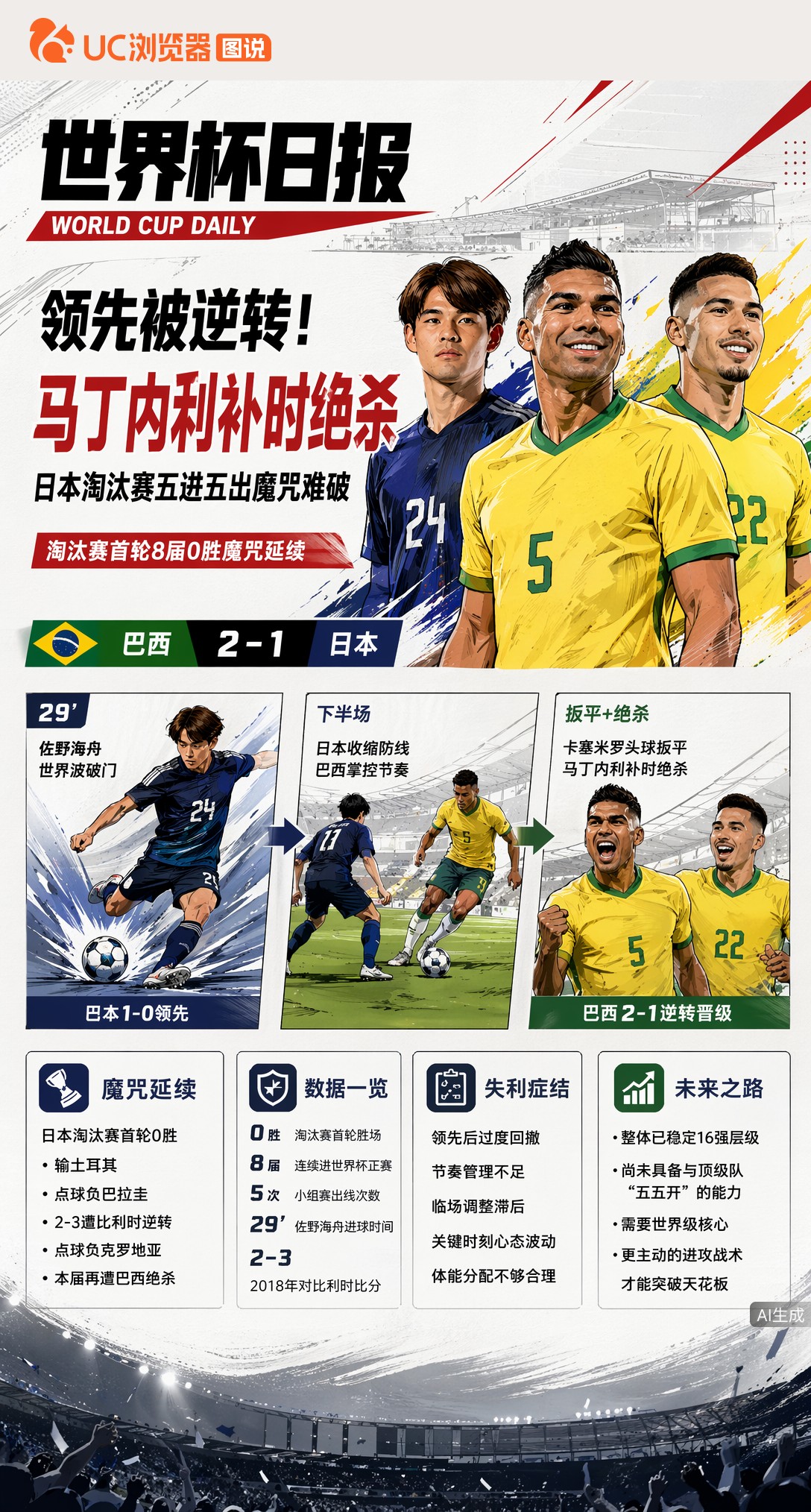 领先被逆转！马丁内利补时绝杀，日本淘汰赛五进五出魔咒难破