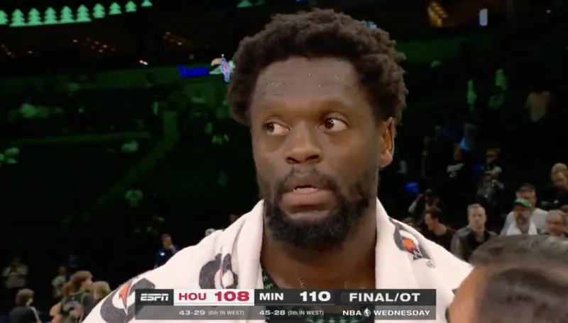 NBA常规赛，森林狼110-108击败火箭。

比赛的加时赛，兰德尔中投命中，森