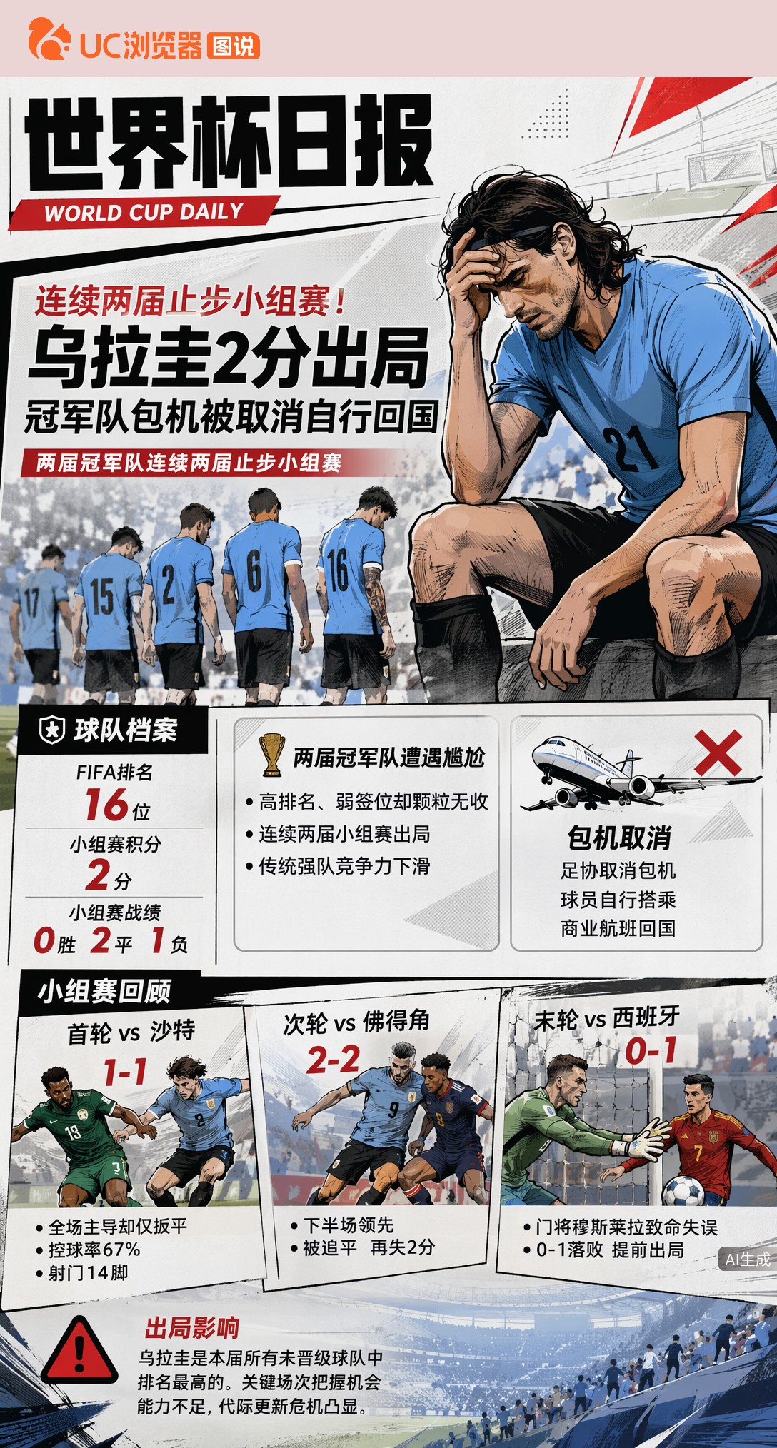 连续两届止步小组赛！乌拉圭2分出局，冠军队包机被取消自行回国