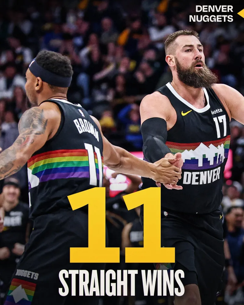 今日常规赛，掘金127-107击败雷霆，豪取11连胜。

此役获胜后，掘金已经锁