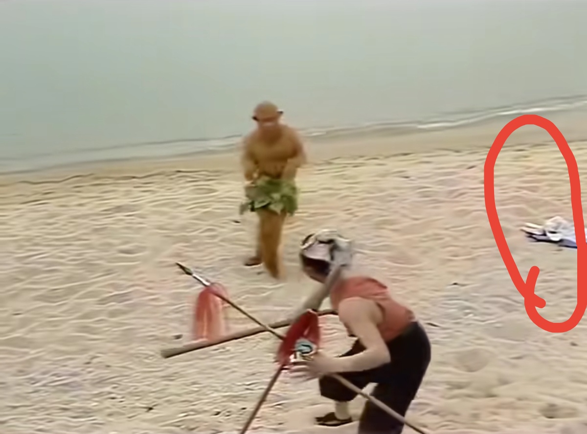 孙悟空在海滩上捡人类留下来的衣服，捡的时候衣服明明是蓝色的，可当镜头一转，他要去