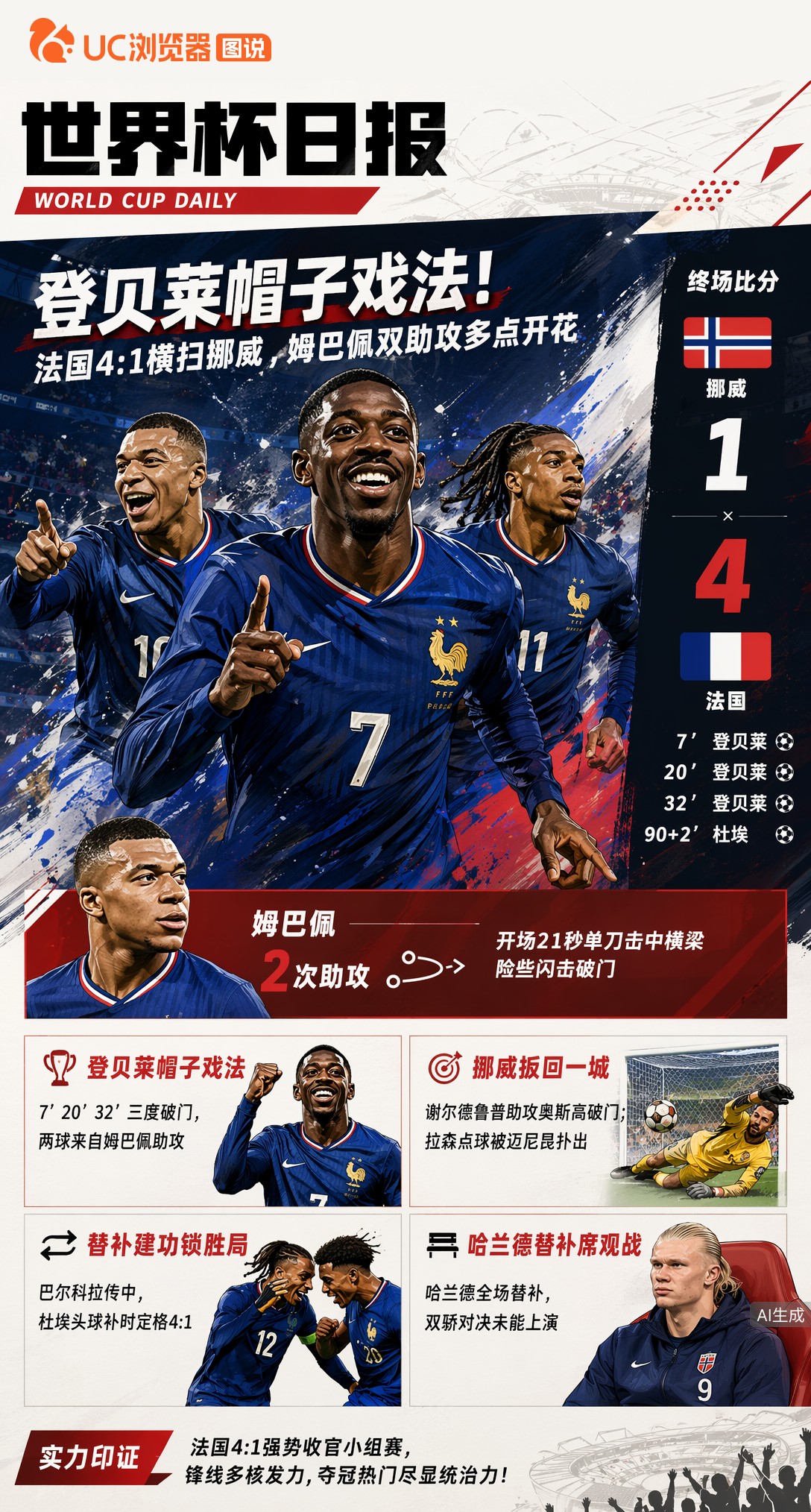登贝莱帽子戏法！法国4:1横扫挪威，姆巴佩双助攻多点开花