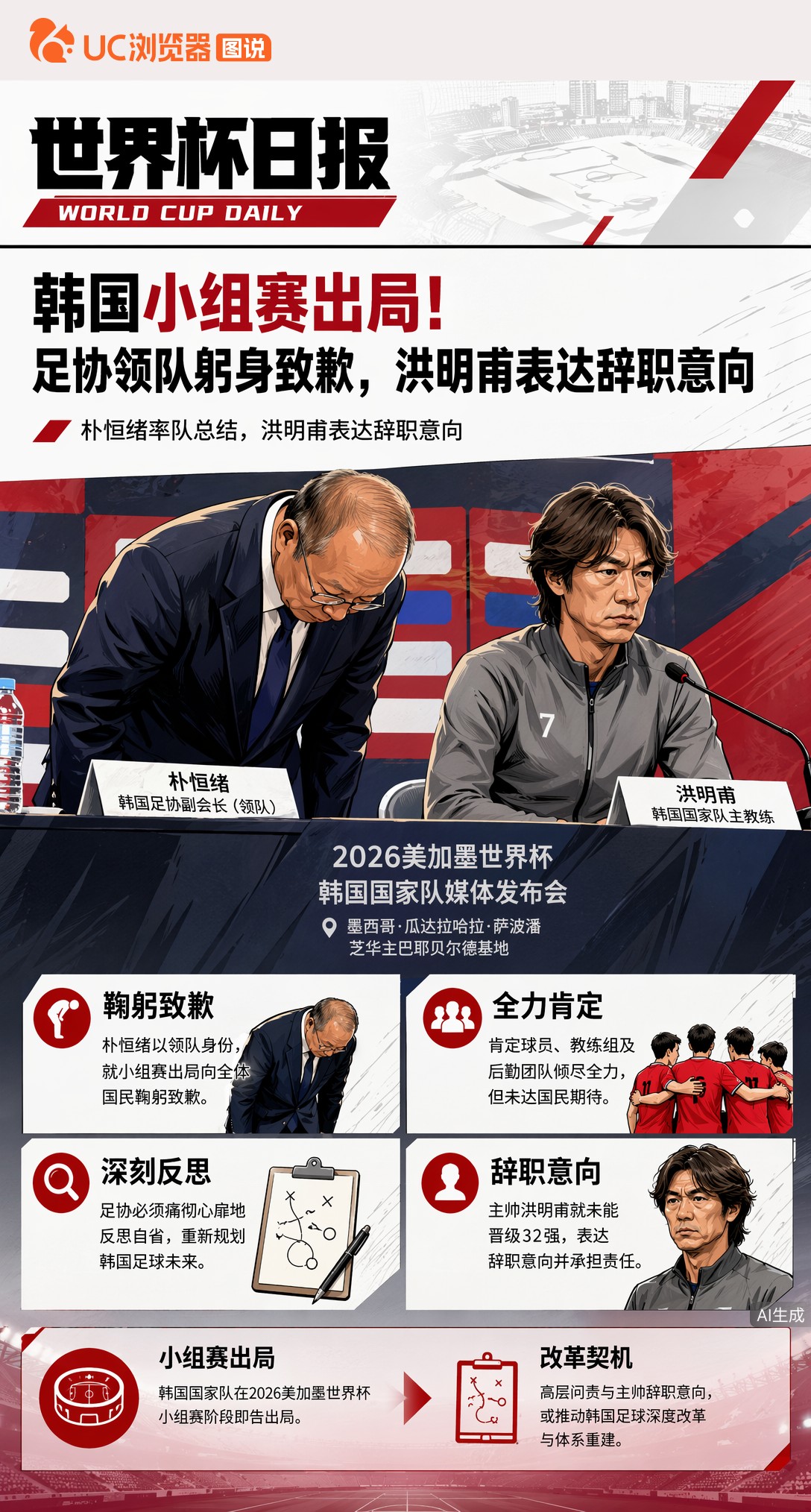 韩国小组赛出局！足协领队躬身致歉，洪明甫表达辞职意向