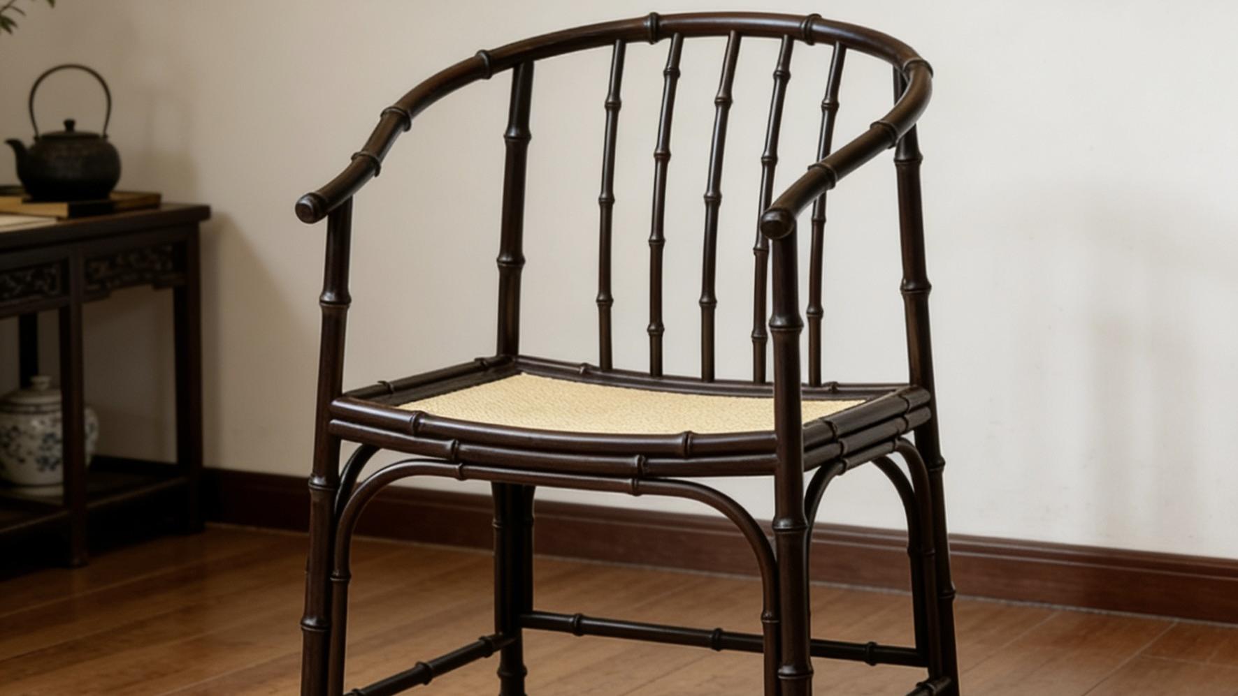 文人风骨，紫光檀，竹节藤面圈椅