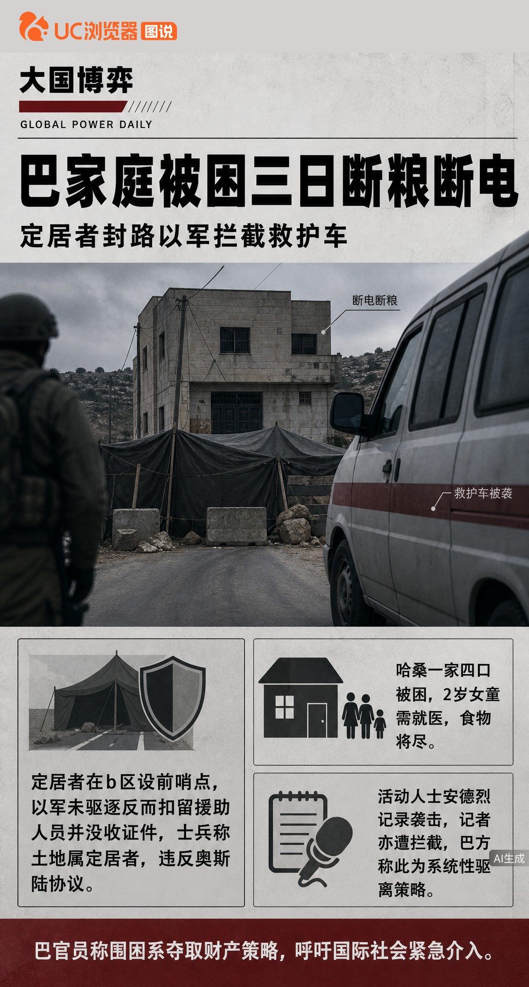 约旦河西岸一家四口被困家中3天，定居者封路搭帐篷，以军不仅未制止还拦截救护车与救援物资。2岁幼童急需就医，食物将尽电线被断，B区协议在士兵眼前成了空文。