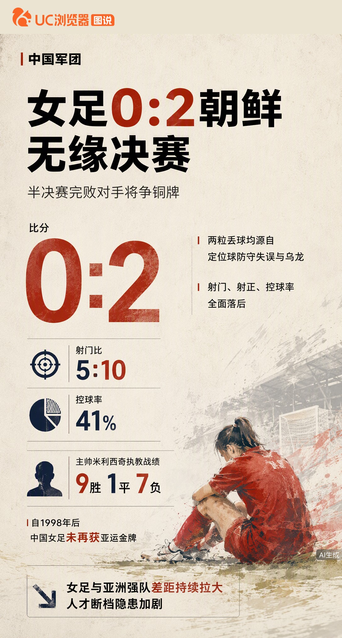 亚运女足半决赛0-2不敌朝鲜无缘决赛，两粒丢球皆因定位球失误。全场射门5-10、控球率仅41%，数据全面落后。自1998年后女足未再夺亚运金牌，人才断档隐患加剧。