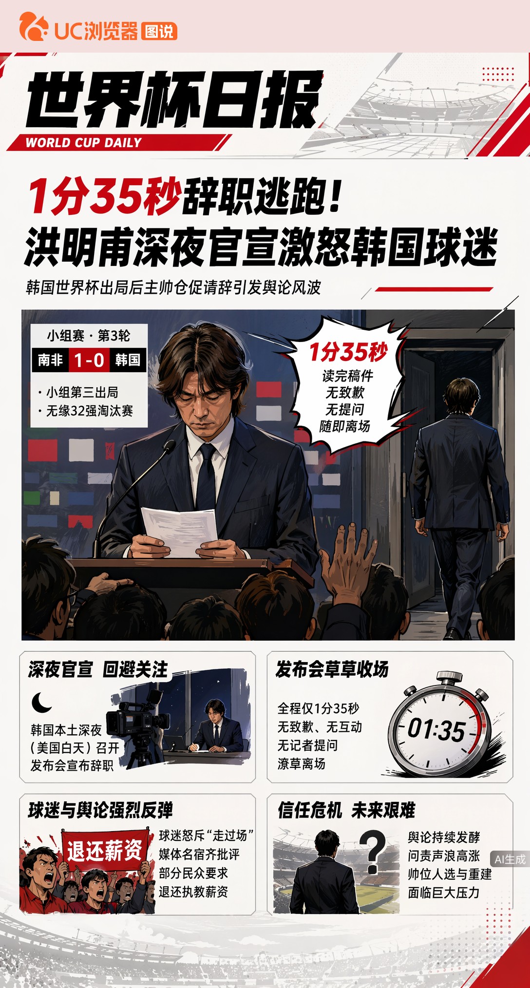 1分35秒辞职逃跑！洪明甫深夜官宣激怒韩国球迷