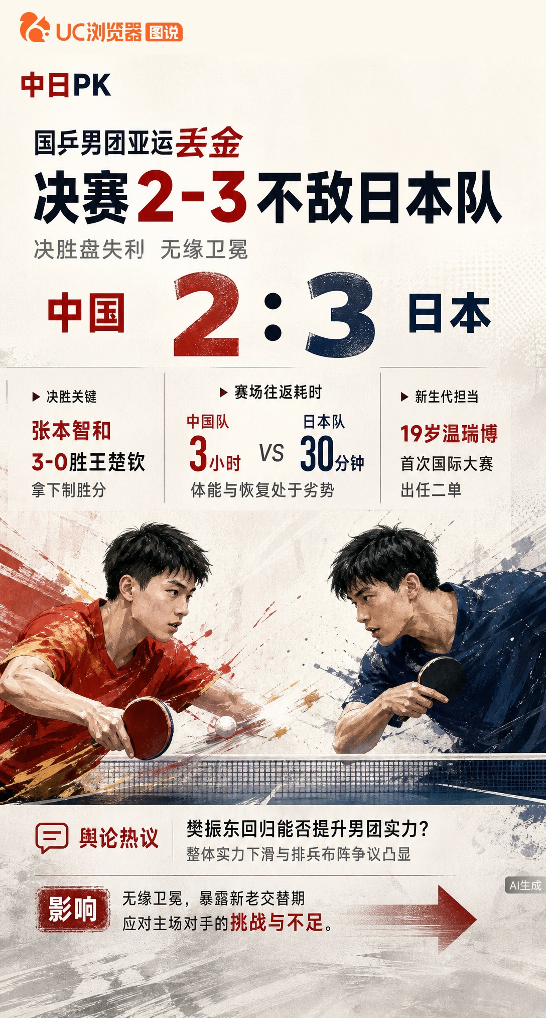 男团决赛2-3负日本！张本智和3-0赢王楚钦应验赛前预言。19岁温瑞博首战扛二单，国乒往返耗时3小时远超东道主，新老交替期这场失利暴露不少问题。