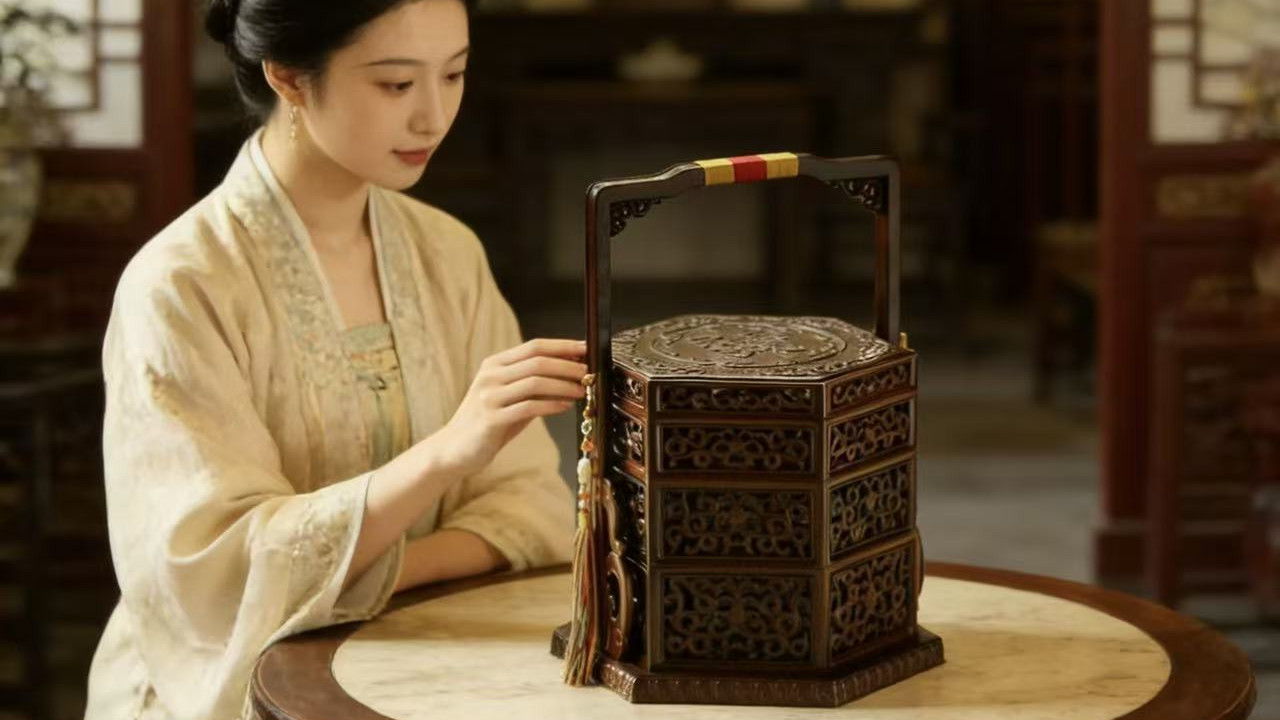 藏尽东方韵味，大红酸枝，卷草纹提盒