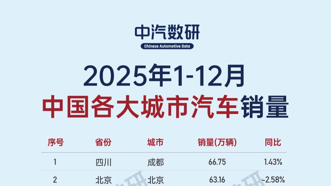 2025年中国各城市汽车销量排行榜TOP100