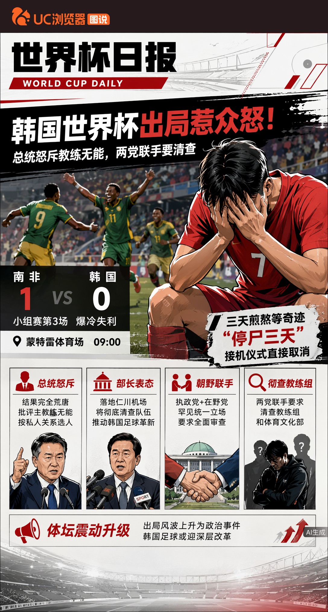 韩国世界杯出局惹众怒！总统怒斥教练无能，两党联手要清查