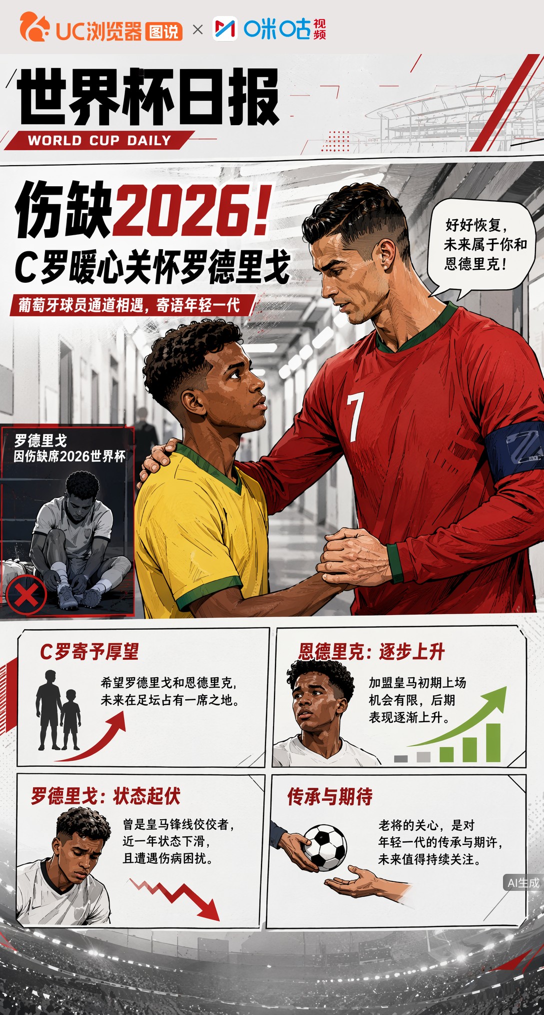 伤缺2026！C罗赛后暖心关怀罗德里戈，巴西新星命运几何
