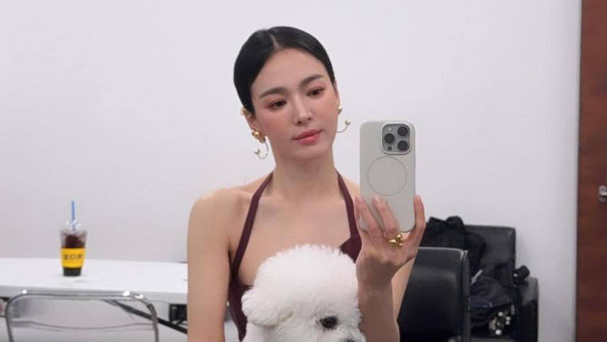 宋慧乔INS晒新照：中分束发吊带裙好精致，怀抱爱犬拍照好惬意