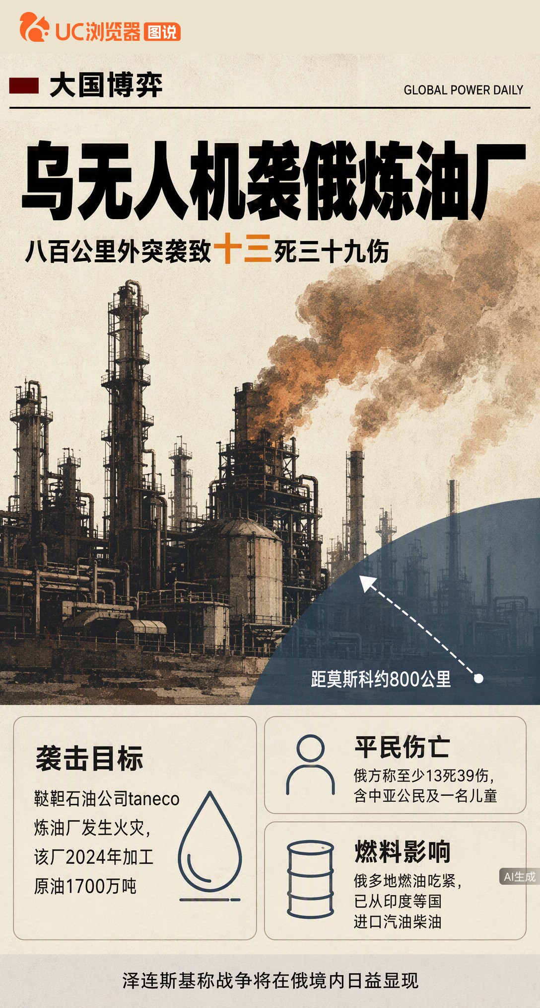 乌无人机奔袭800公里打击俄炼油厂，致13死39伤。泽连斯基称要让俄境内感受战争代价，而俄多地已因能源设施遇袭出现燃料短缺，甚至开始从印度进口汽油。