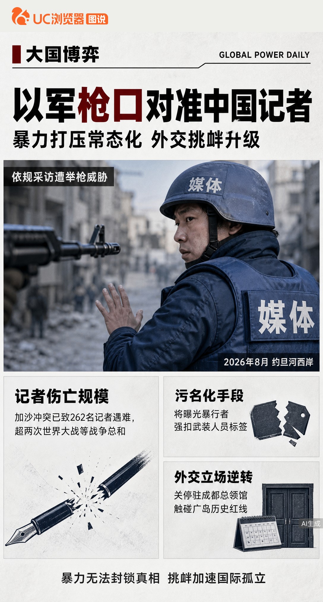 新华社记者在约旦河西岸合规采访，却遭以军举枪直指。从暴力驱赶到关停成都领馆，以色列对华态度骤变，外交摩擦正从战场蔓延到双边关系层面。