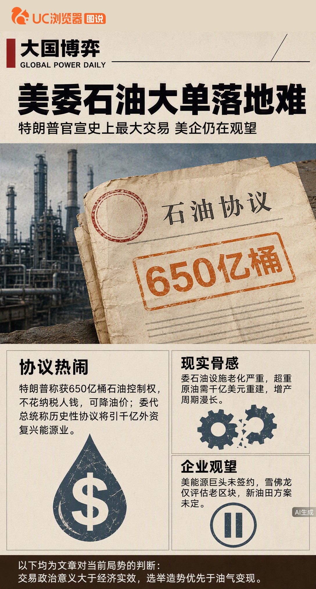 特朗普官宣美委达成史上最大石油交易，超半数储量控制权交美。但委内瑞拉油田设施残破、重建需千亿美元，美企巨头多仍在观望，这份热闹协议离真正落地出油还远得很。