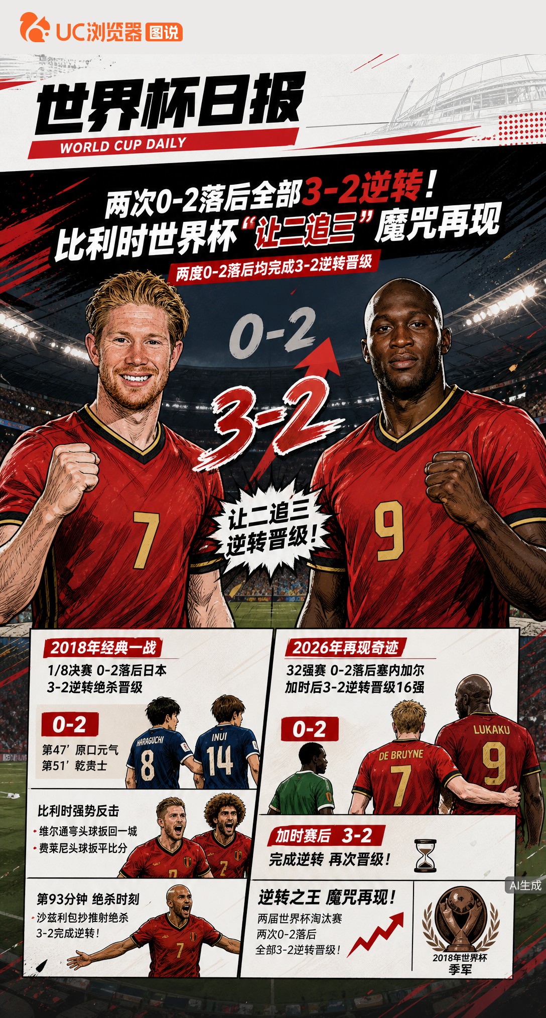 两次0-2落后全部3-2逆转！比利时世界杯"让二追三"魔咒再现
