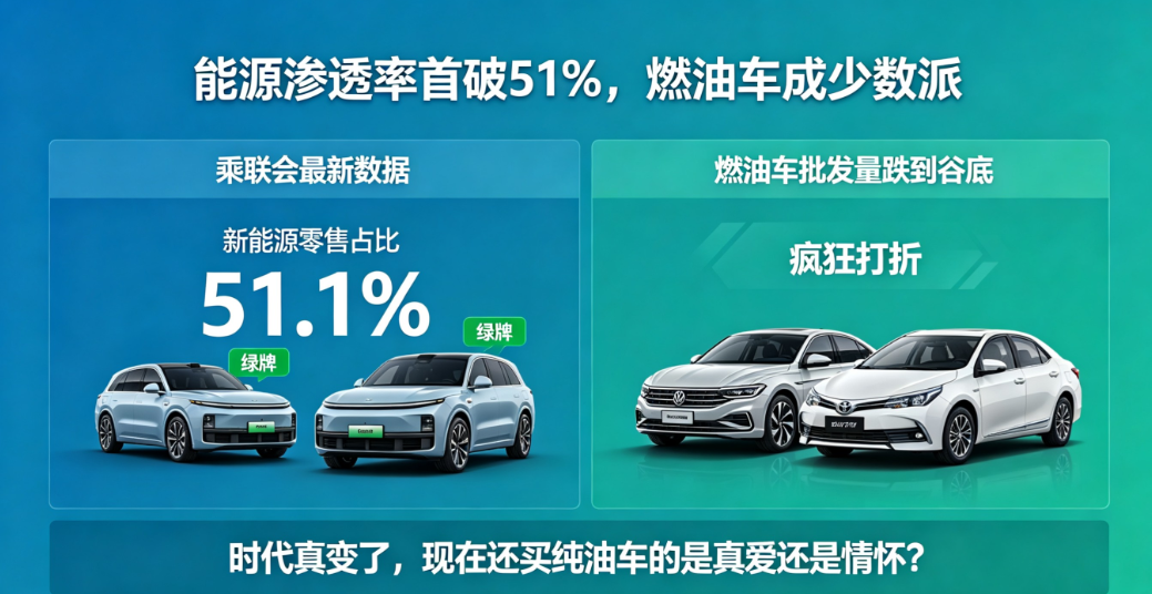 能源渗透率首破51%，燃油车成少数派了
乘联会最新数据，新能源零售占比51.1%