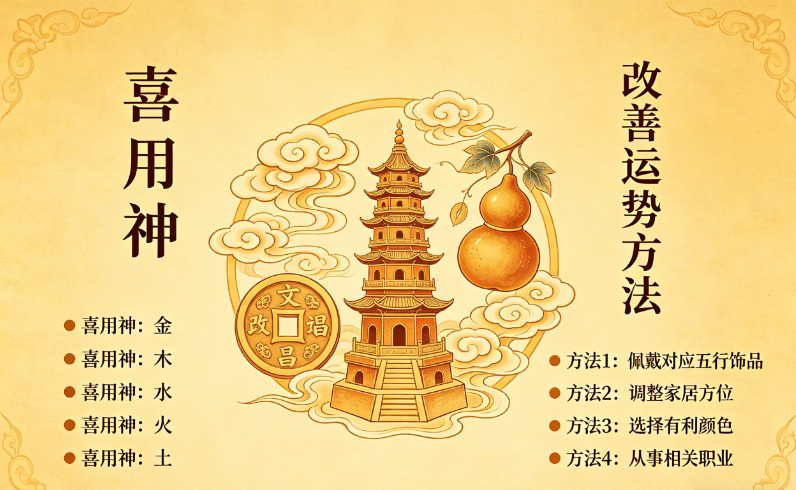 【喜用神与改善运势的方法】
1. 喜食伤的人：食伤代表智慧和表达能力，同时提升自