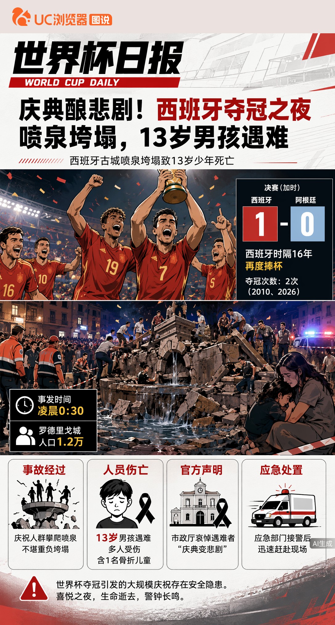 庆典酿悲剧！西班牙夺冠之夜喷泉垮塌，13岁男孩遇难