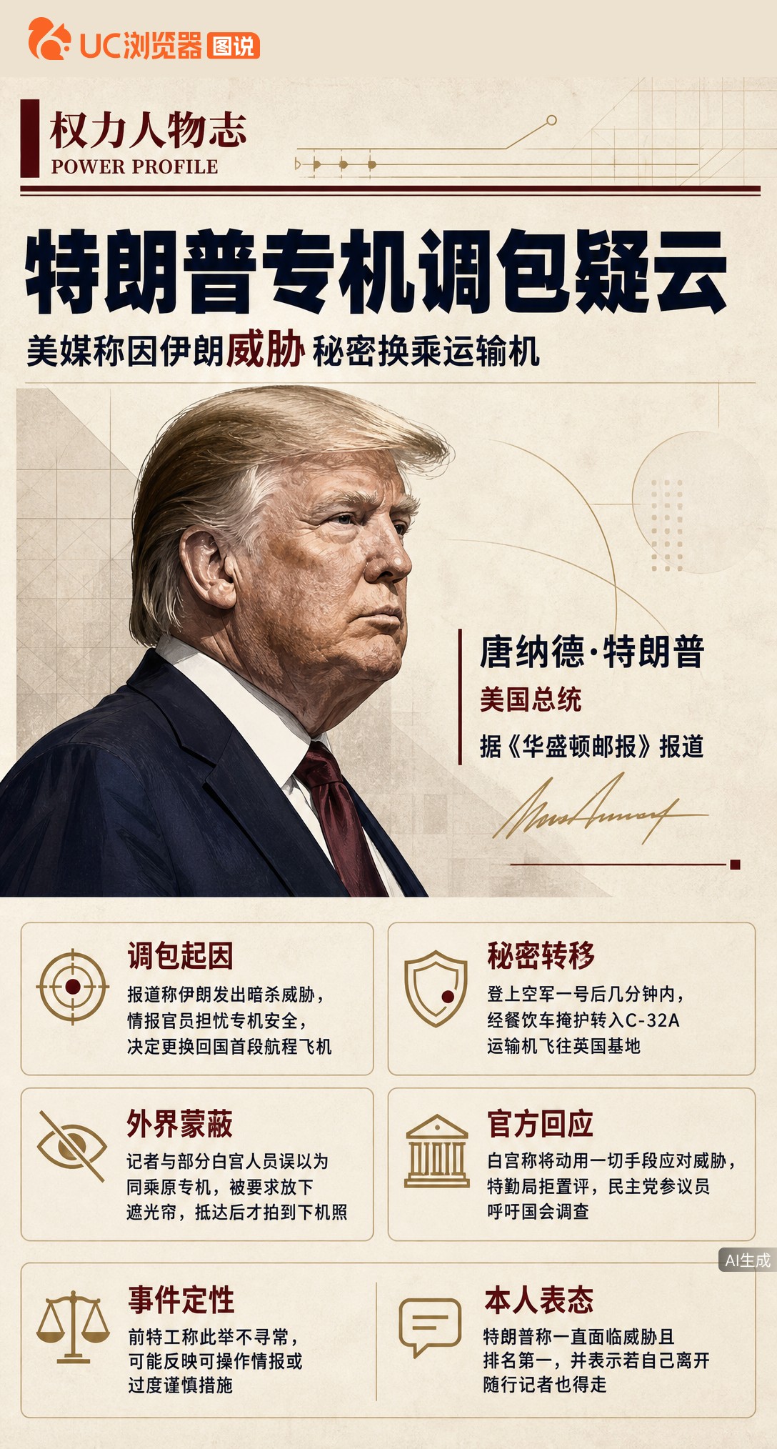 据《华盛顿邮报》报道，为躲避伊朗暗杀威胁，特朗普离开土耳其时竟用餐饮车秘密转移至C-32A运输机，连随行记者都被蒙在鼓里。白宫未直接回应，只称将动用一切手段应对威胁。